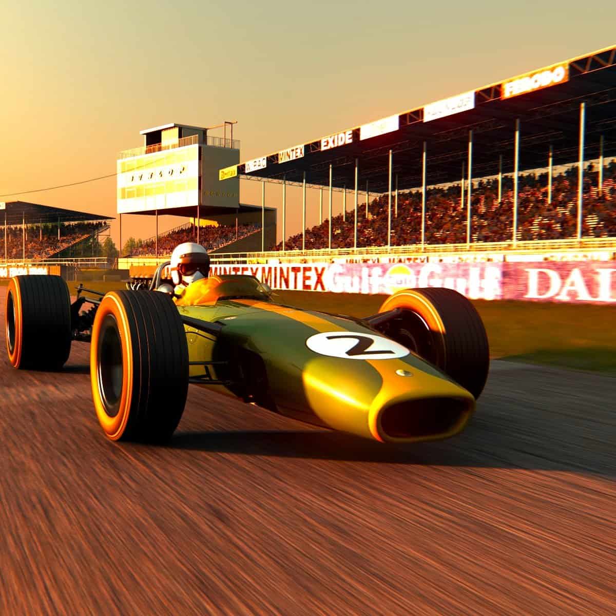 Pronájem simulátoru klasických vozů Lotus 49 Silverstone s obsluhou. Pronájem simulátorů historických vozů pro firemní fórum.