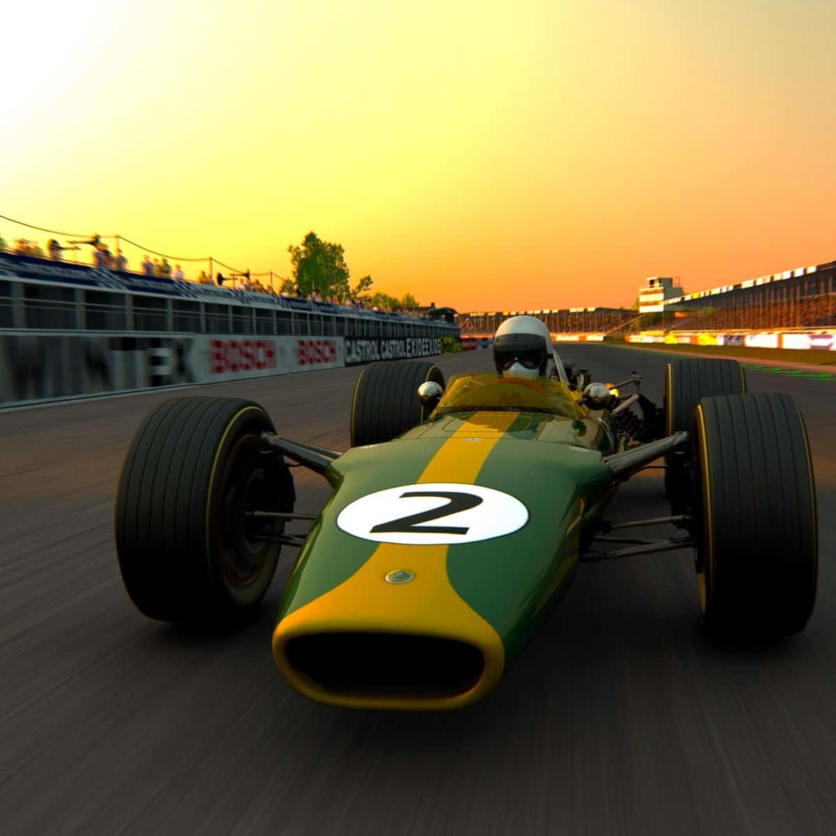 Pronájem simulátoru klasických vozů Lotus 49 Silverstone London s dodáním. Pronájem simulátoru historických automobilů s integrací značky společnosti.
